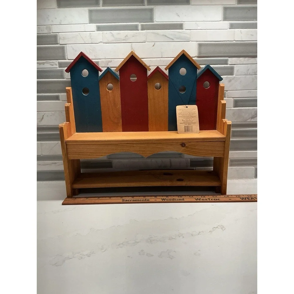 Boyds Wooden Birdhouse Bench Decorative Collectible Brown Blue Red